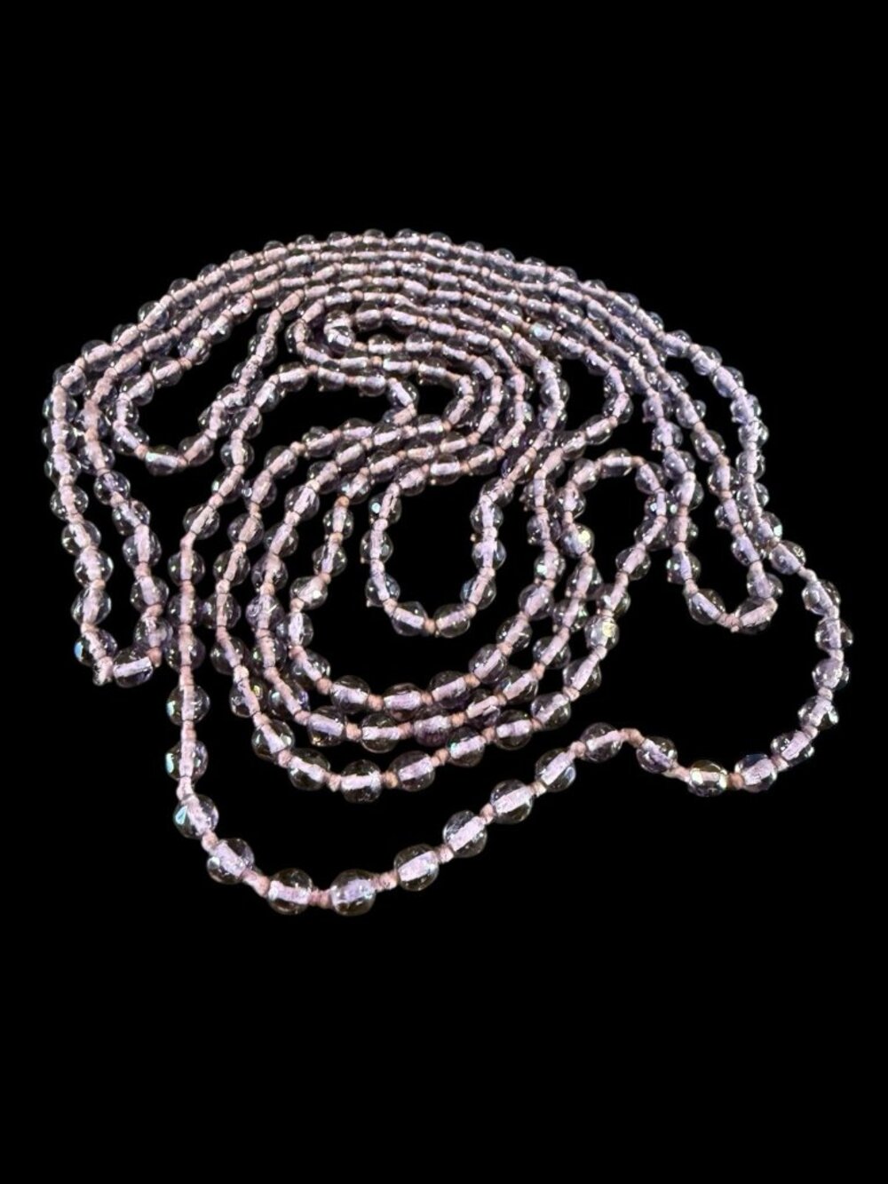 Antique Art Deco Hand Knotted Purple Czech Poured Glass Flapper Necklace 80”